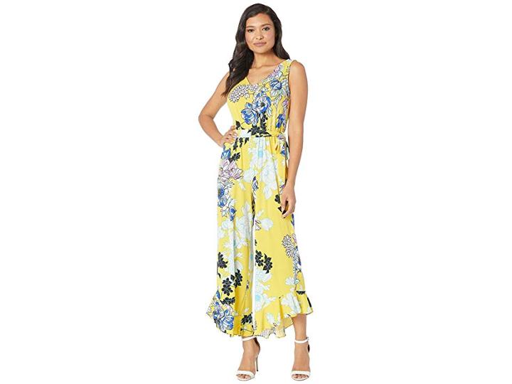 Eci Floral Printed Sleeveless Ruffle Leg Hem Jumpsuit With Self Tie (yellow) Women's Jumpsuit & Rompers One Piece