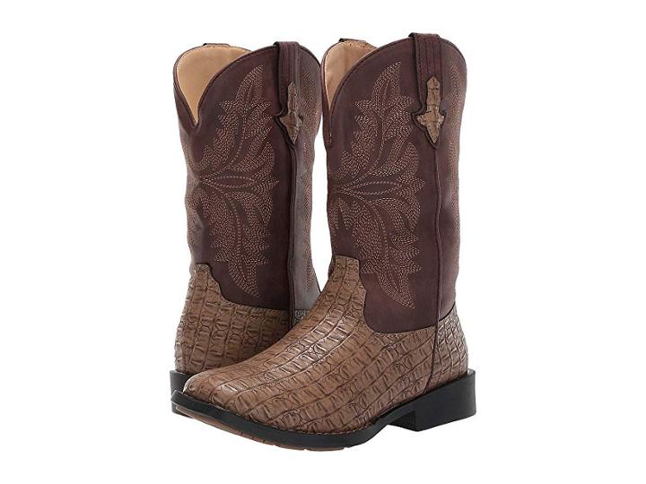 Roper Kids Chomp (big Kid) (tan Faux Caiman Vamp/brown Shaft) Cowboy Boots