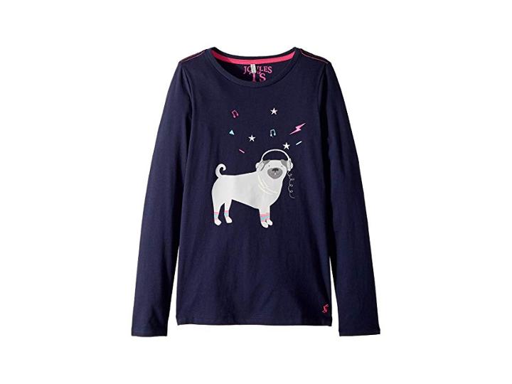 Joules Kids Screen Print Long Sleeve Tee (toddler/little Kids/big Kids) (french Navy Pug) Girl's T Shirt