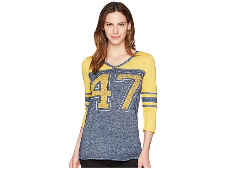 Wrangler 3/4 Sleeve Baseball Tee Shirt (navy/mustard) Women's Clothing