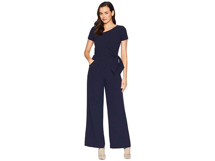 Tahari By Asl Short Sleeve Crepe Jumpsuit With Asymmetrical Neckline (navy) Women's Jumpsuit & Rompers One Piece
