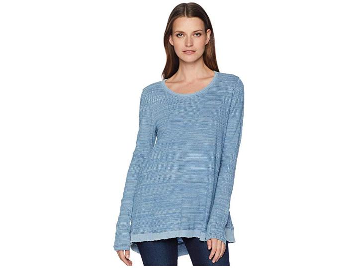 Dylan By True Grit Washed Indigo Mini Stripe Loose Long Sleeve Tee With Rib Hem (denim) Women's T Shirt