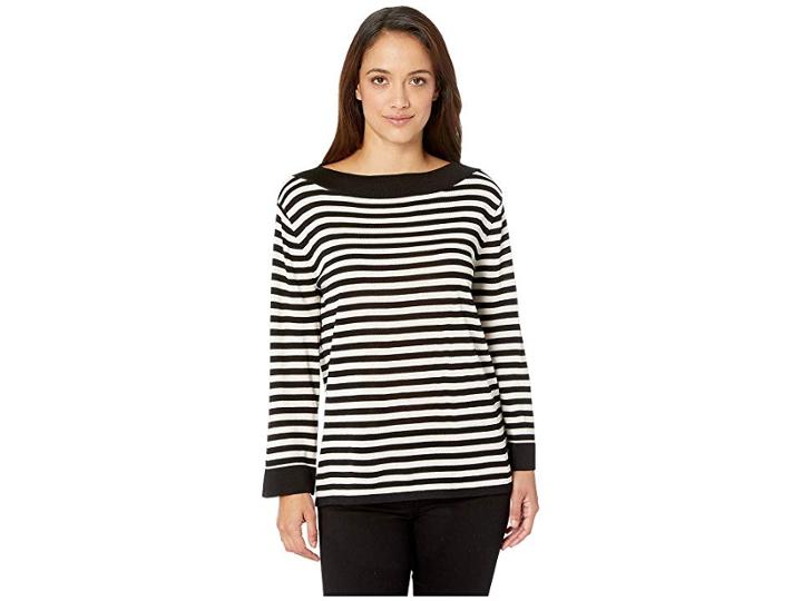 Anne Klein Boat Neck Contrast Collar Sleeve Hem Sweater (anne Black/anne White) Women's Sweater