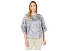 Vince Camuto Specialty Size Plus Size Bell Sleeve Refined Etched Bouquet Blouse (midnight Fog) Women's Blouse
