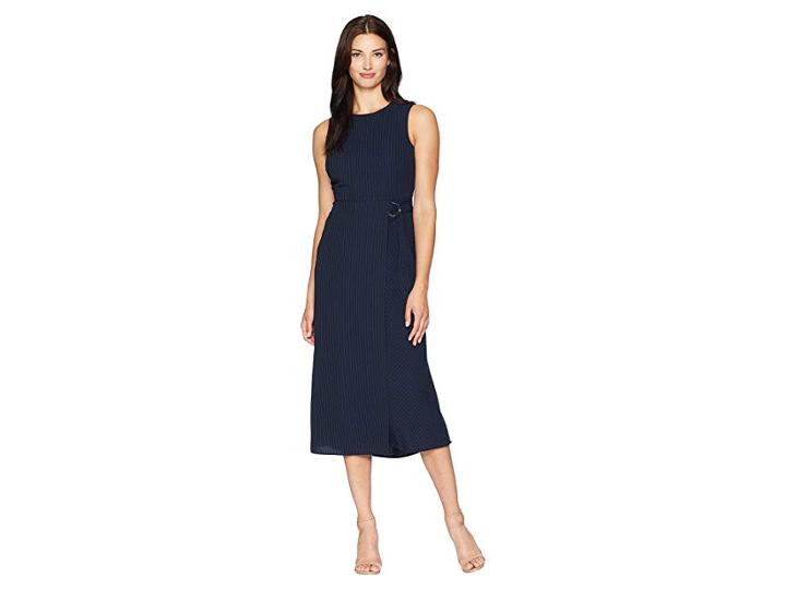 Vince Camuto Sleeveless Soft Pinstripe Belted Faux Wrap Dress (classic Navy) Women's Dress