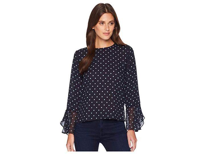 Vince Camuto Chiffon Flutter Cuff Romantic Dot Blouse (classic Navy) Women's Blouse