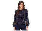 Vince Camuto Chiffon Flutter Cuff Romantic Dot Blouse (classic Navy) Women's Blouse