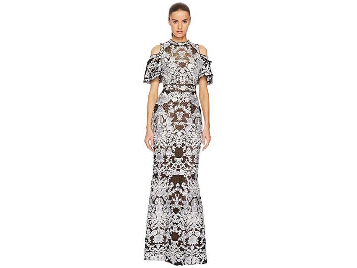 Marchesa Notte Cold Shoulder Guipure Gown With Flounce (black/white) Women's Dress