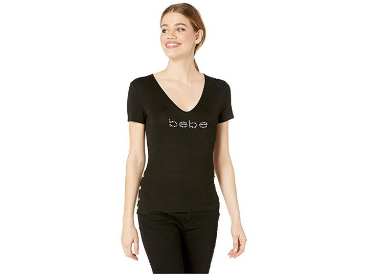 Bebe Side Snap V-neck Logo (black) Women's Clothing