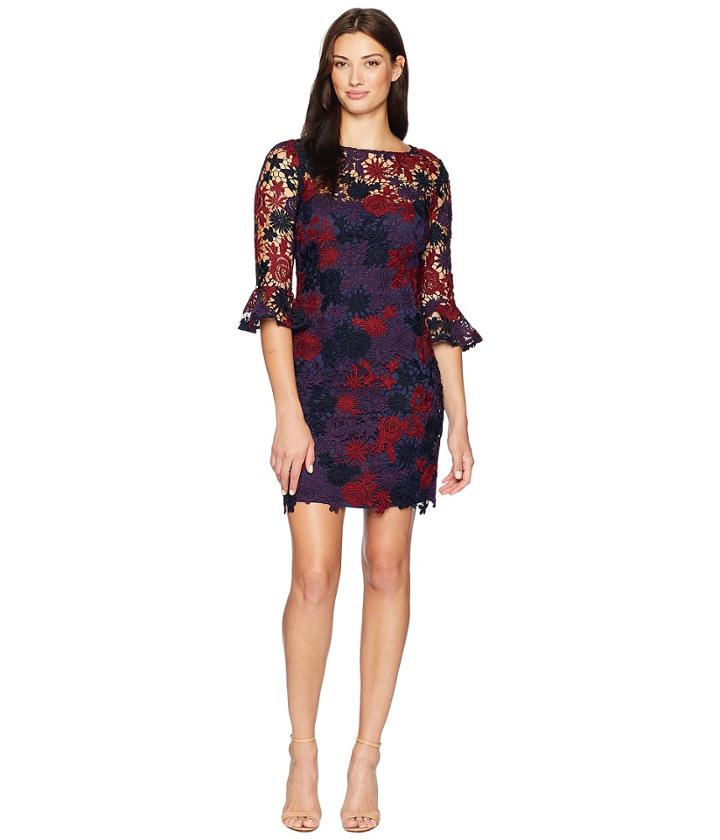 Alexia Admor Ruffle 3/4 Sleeve Crew Neck Lace Dress (navy Multi) Women's Dress