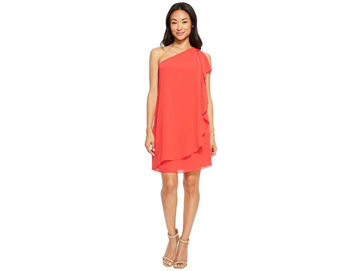 Vince Camuto One Shoulder Chiffon Shift Dress With Ruffles (poppy) Women's Dress