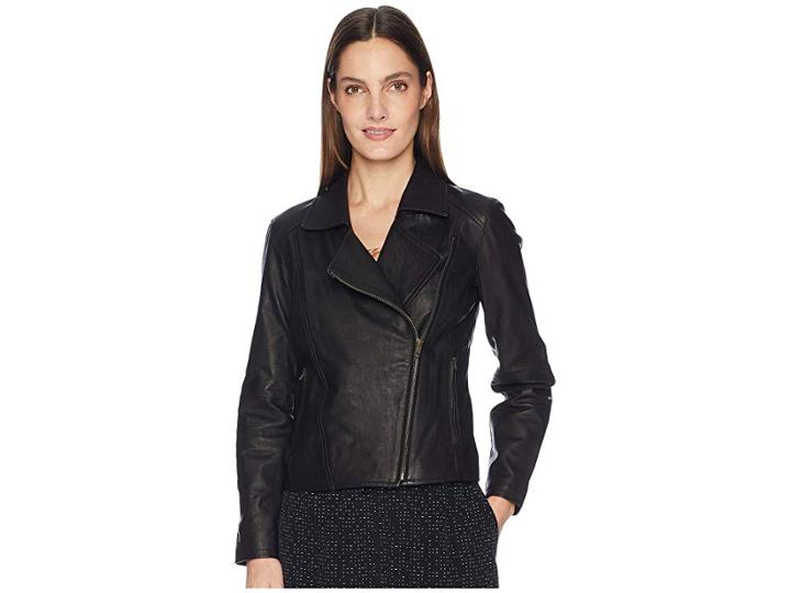 Eileen Fisher Rumpled Luxe Leather Moto Zip Jacket (black) Women's Coat