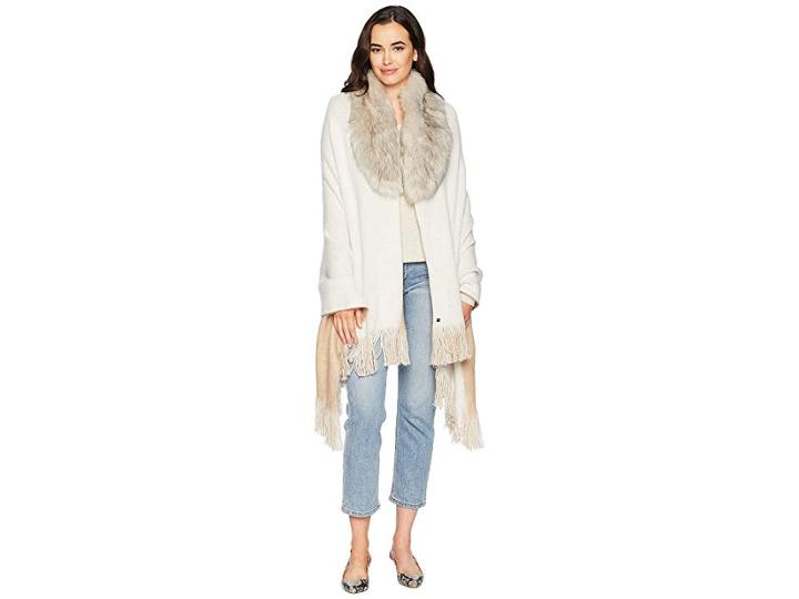 Lauren Ralph Lauren Reversible Fur Collar Ruana (ivory/oatmeal) Women's Clothing