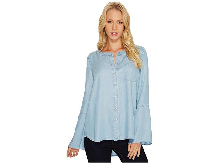 Two By Vince Camuto Bell Sleeve Indigo Tencel Collarless Shirt (vintage) Women's T Shirt