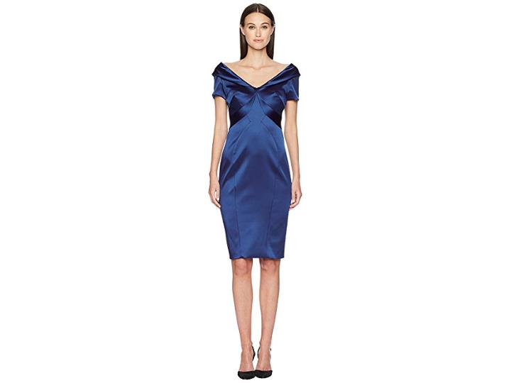 Zac Posen Stretch Satin V-neck Short Sleeve Dress (navy) Women's Dress