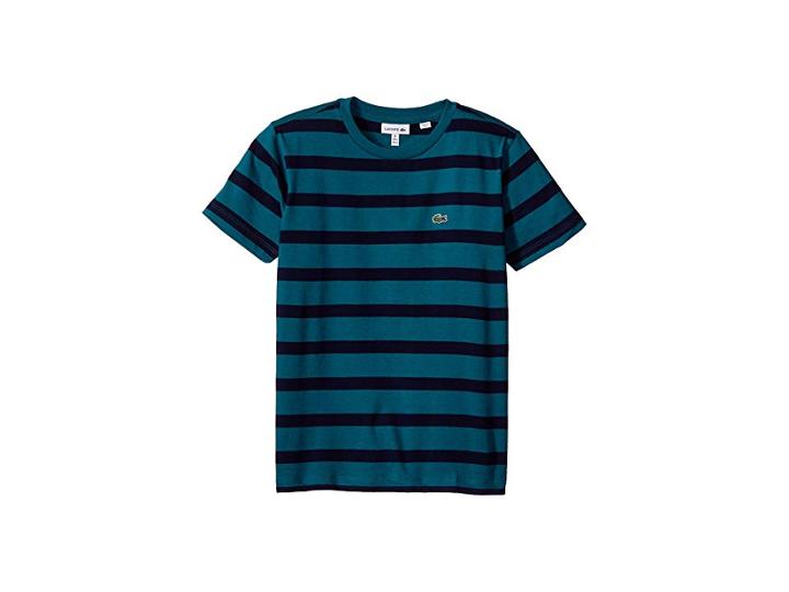 Lacoste Kids Short Sleeve Heathered Stripe Crew Neck Tee Shirt (toddler/little Kids/big Kids) (navy Blue/new Forest) Boy's T Shirt