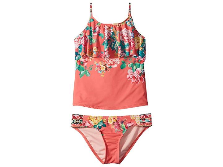 Hobie Kids Petal Pusher Hanky Tankini And Sash Side Hipster Set (big Kids) (hot Coral) Girl's Swimwear Sets