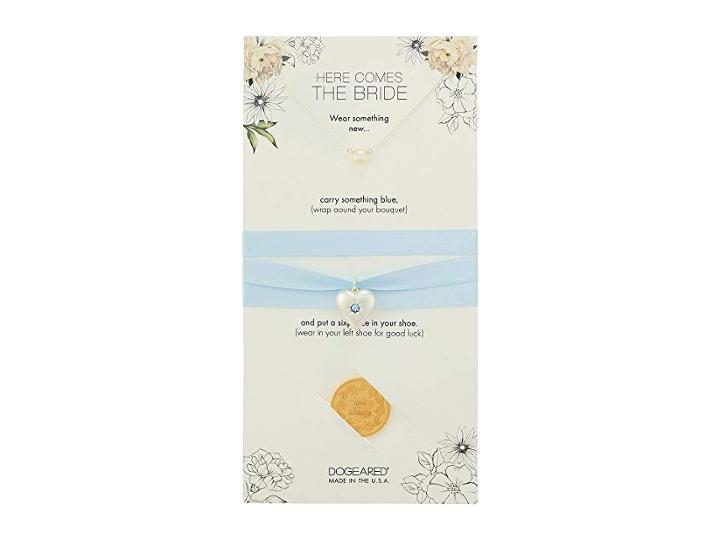 Dogeared Here Comes The Bride, Small Pearl Necklace, Something Blue Bouquet Wrap, And Sixpence Coin (silver) Necklace