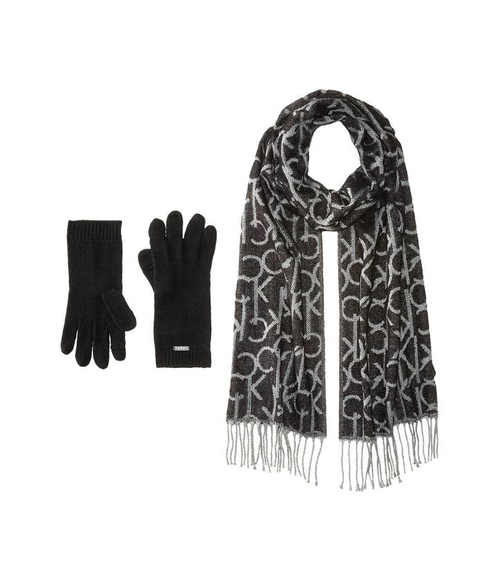 Calvin Klein Oversized Ck Logo Scarf And Gloves Set (black) Scarves