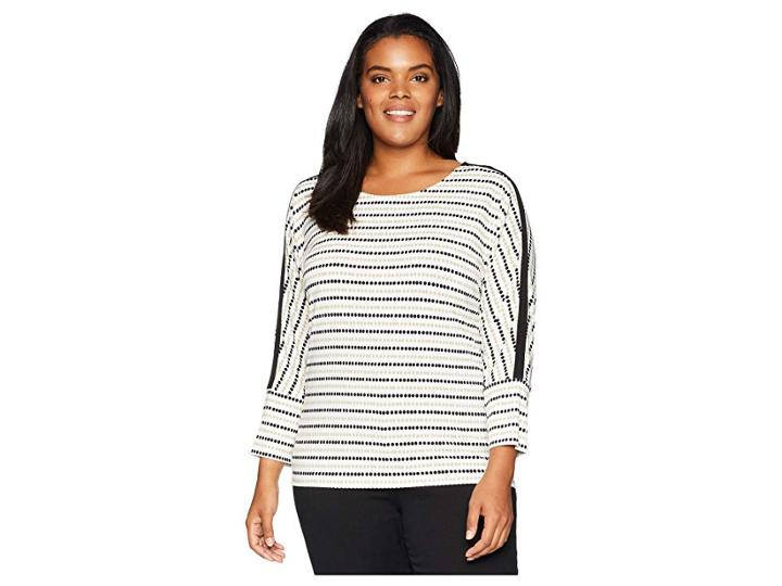 Calvin Klein Plus Plus Size Printed Long Sleeve Top W/ Bar Hardware (soft White/latte) Women's Long Sleeve Pullover
