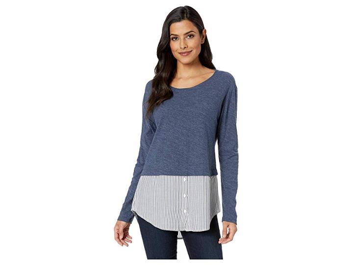 Two By Vince Camuto Long Sleeve Classic Stripe Hem Mix Media Top (indigo Night Heather) Women's Long Sleeve Pullover