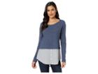 Two By Vince Camuto Long Sleeve Classic Stripe Hem Mix Media Top (indigo Night Heather) Women's Long Sleeve Pullover