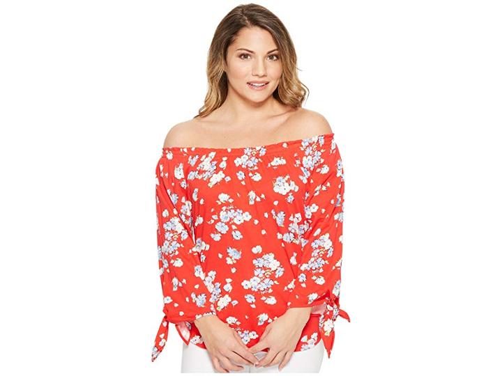 Lauren Ralph Lauren Petite Floral Jersey Off The Shoulder Top (red Multi) Women's Clothing