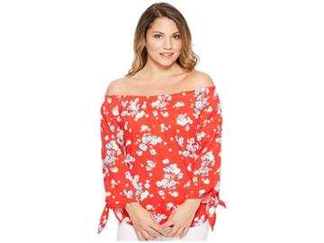 Lauren Ralph Lauren Petite Floral Jersey Off The Shoulder Top (red Multi) Women's Clothing