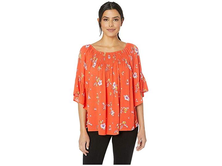 Bobeau Peasant Top With Flutter Sleeve (bouquet Floral Coral) Women's Blouse