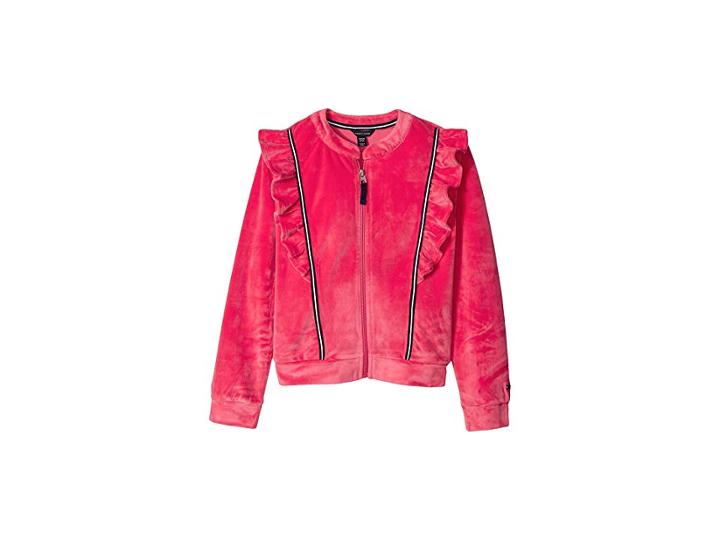 Tommy Hilfiger Kids Ruffle Velour Track Jacket (big Kids) (paradise Pink) Girl's Coat