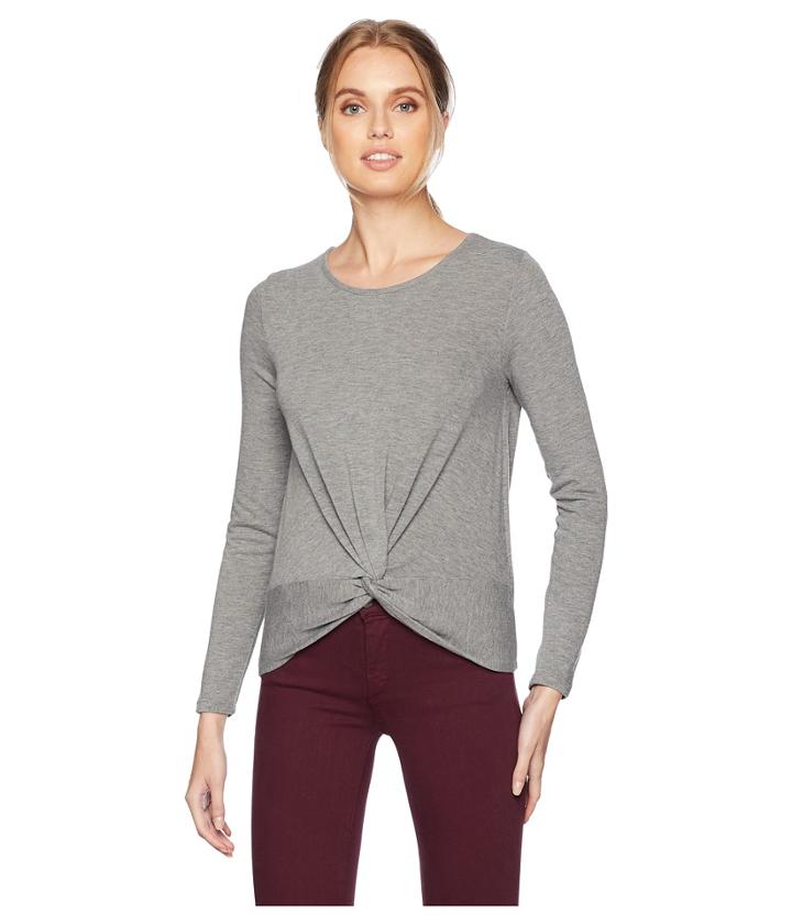 Pink Rose Long Sleeve Scoop Neck Top W/ Knot Front (medium Heather Grey) Women's Clothing