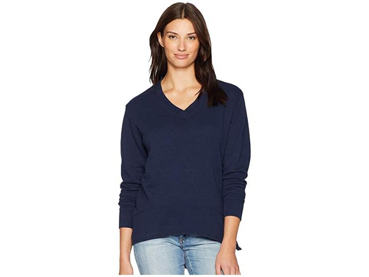 Mod-o-doc Slub French Terry Long Sleeve V-neck Pullover With Side Slit (true Navy) Women's Clothing