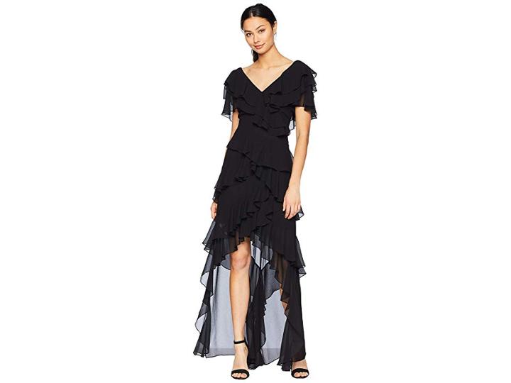 Badgley Mischka V-neck Flutter Ruffle (black) Women's Dress