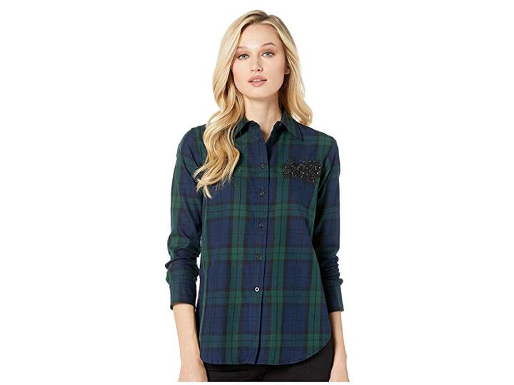 Lauren Ralph Lauren Patch Tartan Cotton Shirt (navy/green Multi) Women's Clothing