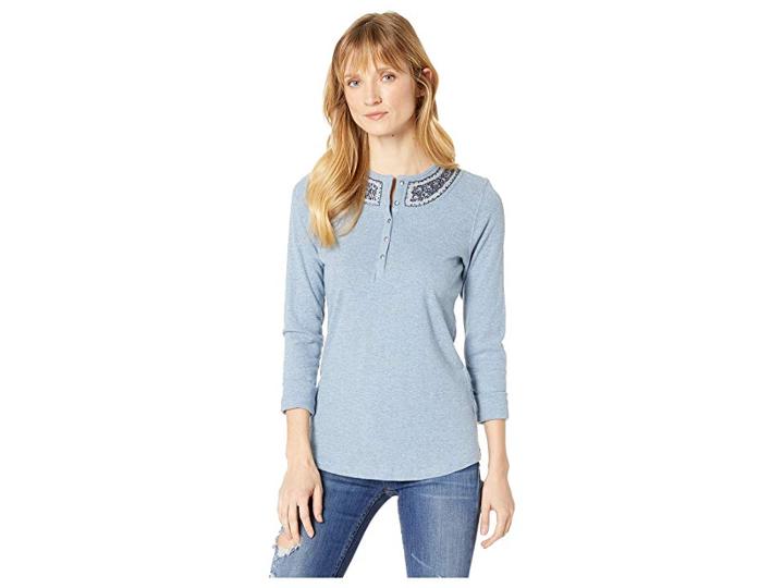 Chaps Cotton Slub 1x1 Rib Long Sleeve Knit (fall Blue Heather) Women's Clothing