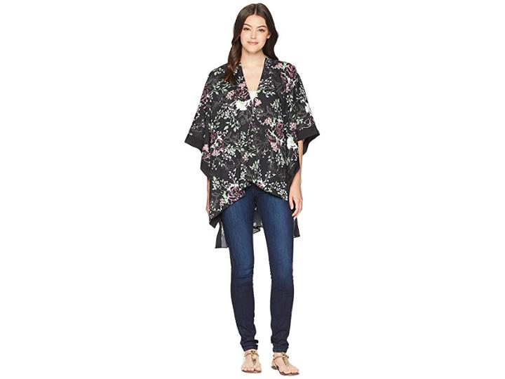 Steve Madden Floral Ruana With Side Border (black) Women's Clothing