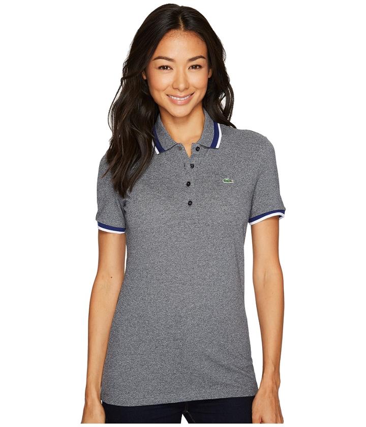 Lacoste Short Sleeve Semi Fancy Stretch Mini Pique Polo (mouline Navy Blue/ocean/white) Women's Clothing