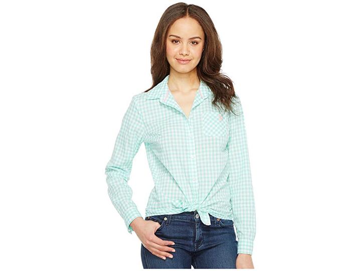 U.s. Polo Assn. Long Sleeve Gingham Woven Shirt (palawan Aqua) Women's Clothing