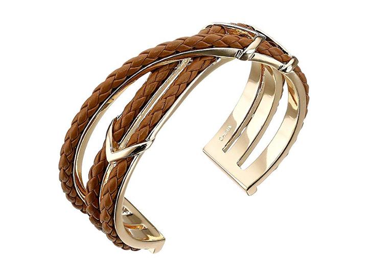 Cole Haan Chevron Metal Leather Braided Cuff (gold/chestnut) Bracelet