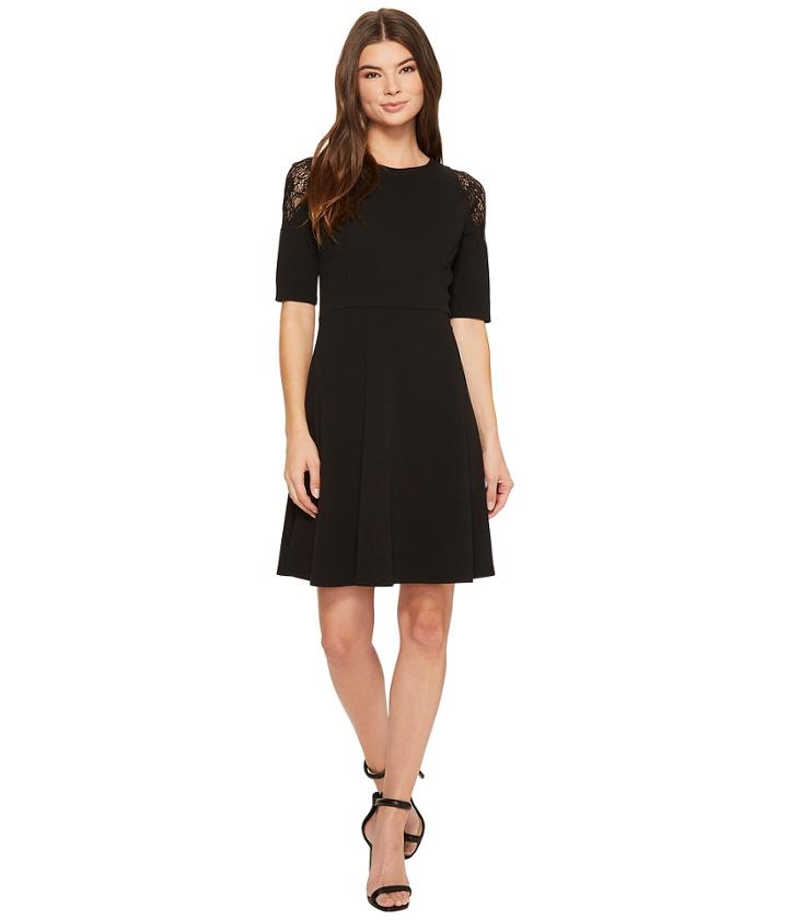 London Times Elbow Sleeve W/ Lace Cold Shoulder Fit Flare (black) Women's Dress