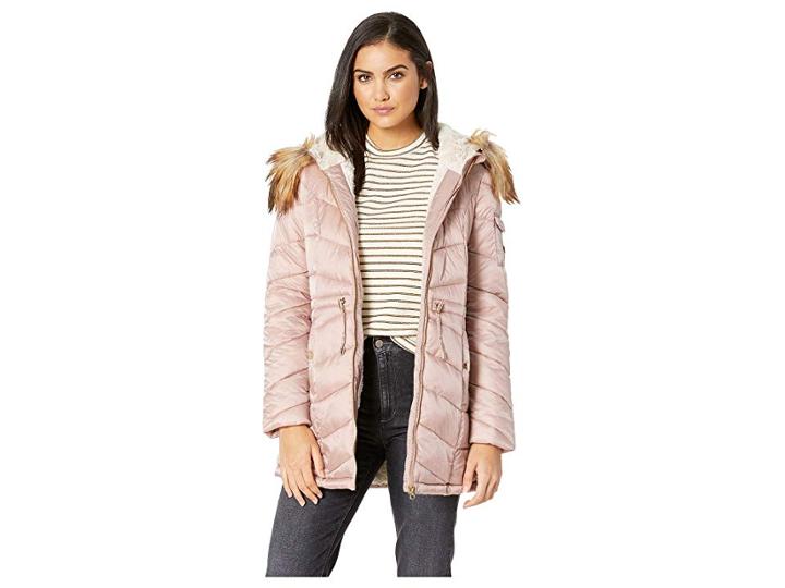 Jessica Simpson Quilted Hooded Jacket W/ Tie Waist (blush) Women's Coat