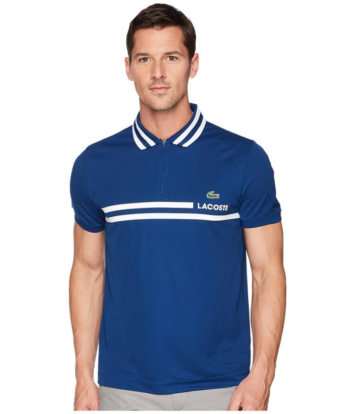 Lacoste Short Sleeve Pique Ultra Dry Fine Stripe W/ Jacquard Collar Zip Front Placket (marino/white) Men's Short Sleeve Pullover