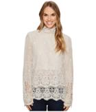 Dylan By True Grit Pretty Fringed Crochet Long Sleeve Double Layer Pullover With Lining (pale Grey) Women's Long Sleeve Pullover