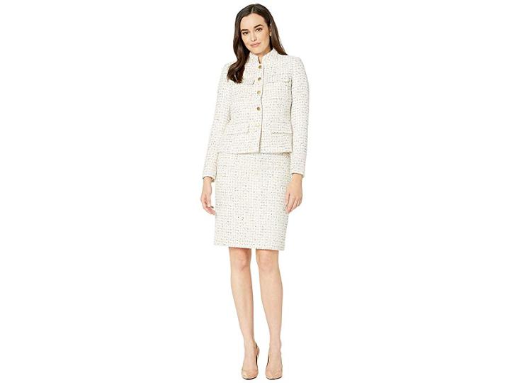 Tahari By Asl Boucle Skirt Suit With Chest Pockets (ivory Multi) Women's Suits Sets