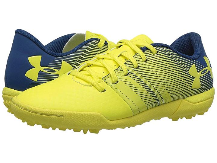 Under Armour Kids Spotlight Turf Jr Soccer (little Kid/big Kid) (lemon/blue) Kids Shoes
