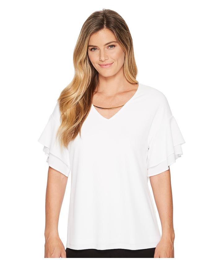 Calvin Klein Double Ruffle Short Sleeve Top W/ Chain (soft White) Women's Clothing