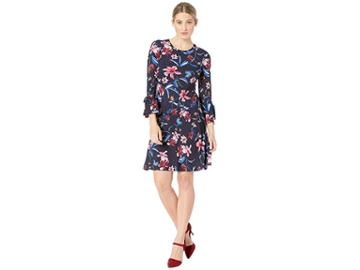 Nine West Floral Fit Flare Dress With Bell Sleeve And Tie Detail At The Sleeves (navy/raspberry Multi) Women's Dress
