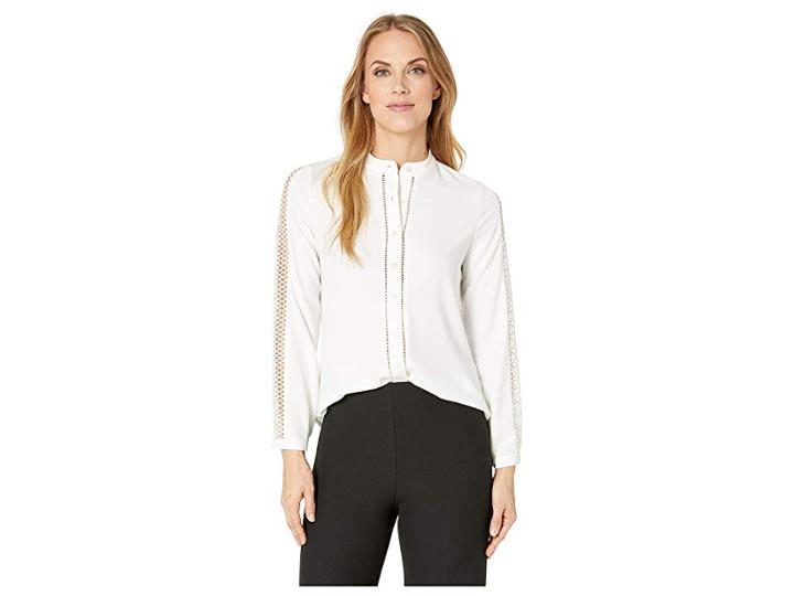 Vince Camuto Specialty Size Petite French Crepe Woven Sleeve Button Down Blouse (pearl Ivory) Women's Blouse