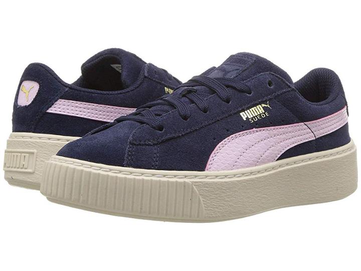 Puma Kids Suede Platform Snk (little Kid/big Kid) (peacoat/winsome Orchid/puma Team Gold) Girls Shoes