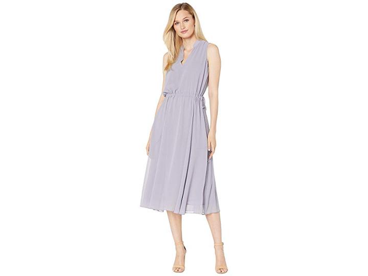 Anne Klein Solid Chiffon Drawstring Midi Dress W/ Lining (morning Light) Women's Dress
